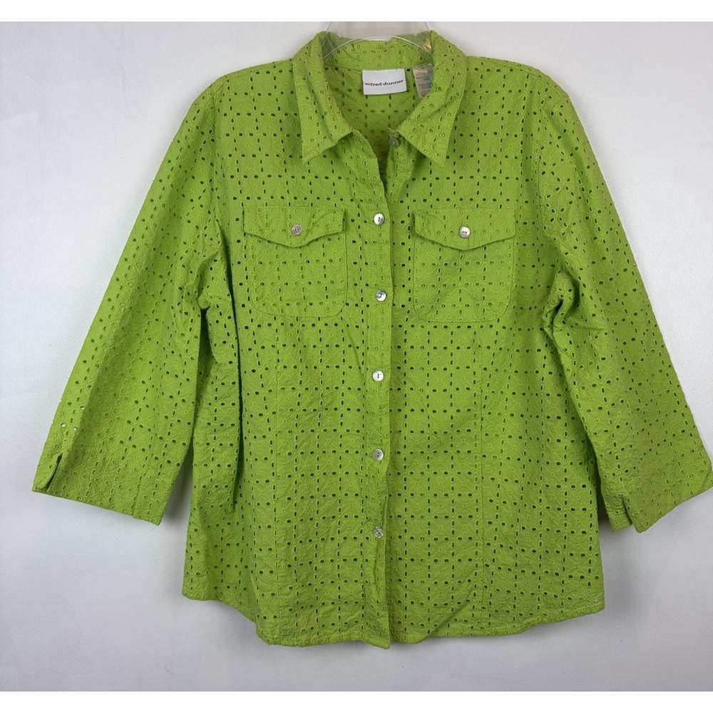 Alfred Dunner Blouse Shirt  Womens 18 Eyelet Green Button Up 3/4 Sleeve Casual